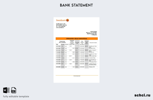 скачать цифровую версию шаблона выписки из Swedbank в Литве